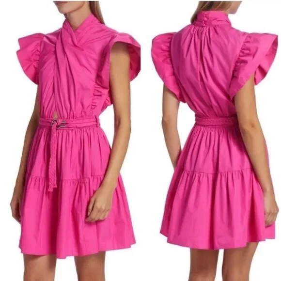 Derek Lam 10 Crosby Finn Ruffle Wrap Tiered Mini Shift Dress in Magenta Size 8 - Picture 11 of 11